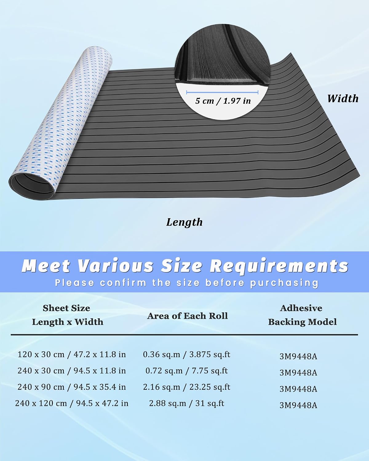 KXKZREN EVA Foam Boat Decking with 3M Adhesive Backing - Strong Self-Adhesive Faux Teak Flooring Sheet 94.5" x 47.2"/35.4"/11.8" Anti-Slip Marine Mats for Motorboat Jon Boats Yacht Kayak