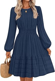 MEROKEETY Women's Fall Long Puff Sleeve Casual Boho Flowy Dress