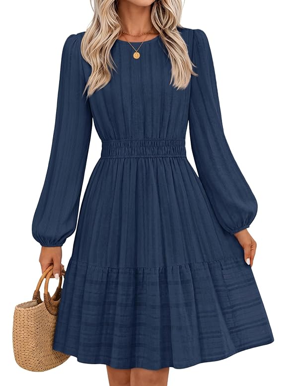 MEROKEETY Women's Fall Long Puff Sleeve Casual Boho Flowy Dress, Navy, S by MEROKEETY - Used condition - US$31.76