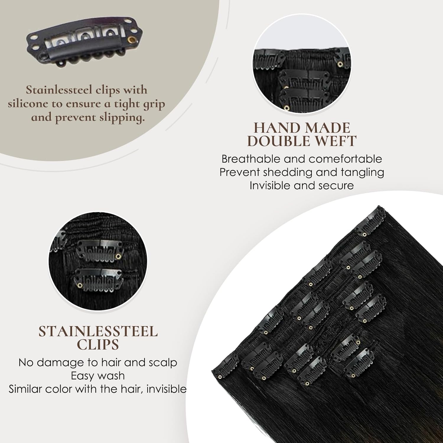 Clip in Human Hair Extensions 20inch 95g 7PCS Balayage Natural Black to Chocolate Brown Mix Caramel Blonde Ombre Remy Straight Clip ins Hair Double Weft Clip on Real Human Hair