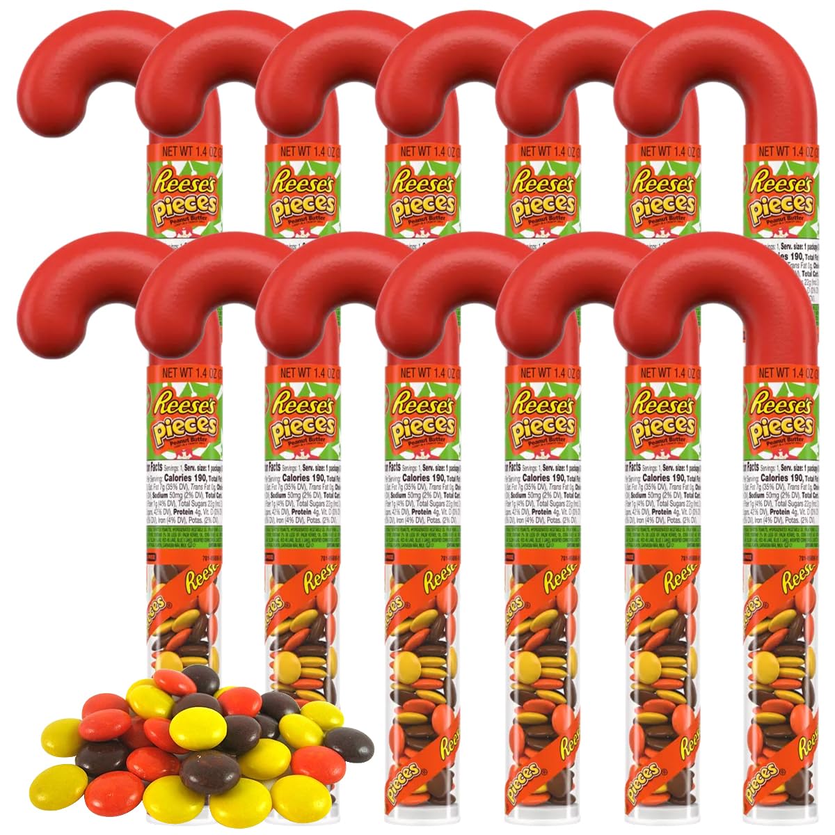 Reese's Pieces Candy Cane Stocking Stuffer Gift, 12 Count Ready Wrapped Christmas Holiday Plastic Canes, Peanut Butter Candy for Kids and Tree Hanging Decor