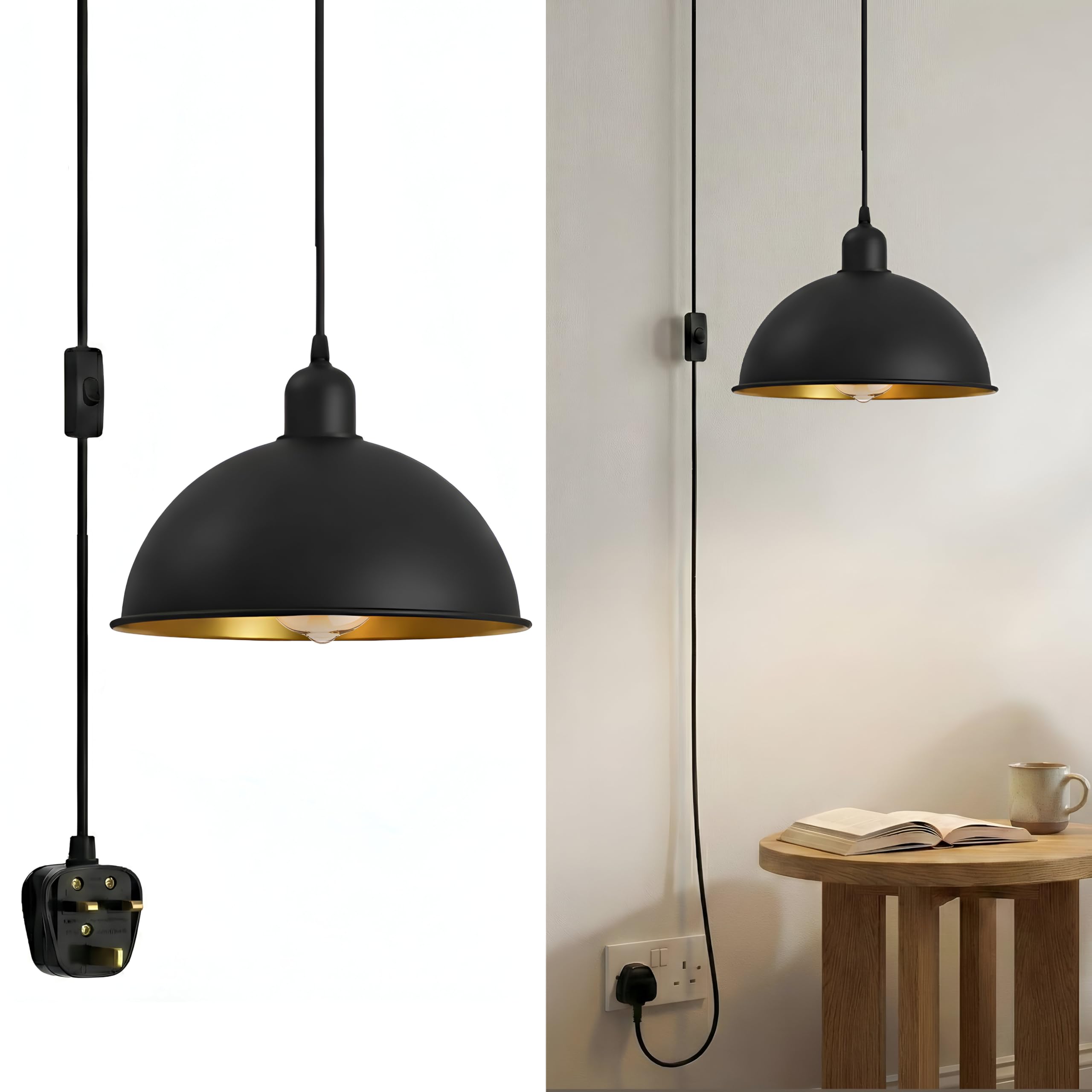 Plug in Pendant Lighting 4.5M Adjustable Vintage Plug in Ceiling Light Metal Lampshade Hanging Lamp with Switch, E27 Black Pendant Light Fitting, E26 Bulb Holder for for Kitchen (Black Inner Gold)