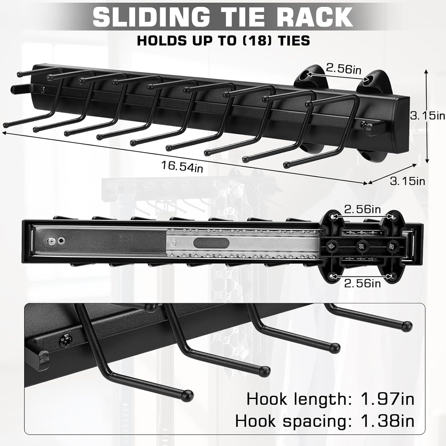 Sliding Tie Racks, 18 Tie Hanger Pull Out Belt Rack 16.5'' Aluminum Alloy Extendable Wardrobe Closet Organizer with 18 Hooks for Belts, Ties, and Scarves, 16.5'' x 3.15''(Sprayed Black)