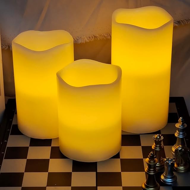 VETOUR Battery Operated Candle Remote Control Flameless LED Electric Set of 3 Ivory Real Wax Pillar Flicker Candle with Timer Home Outdoor Realistic Bright Fake Luminare Powered Cylinder Light