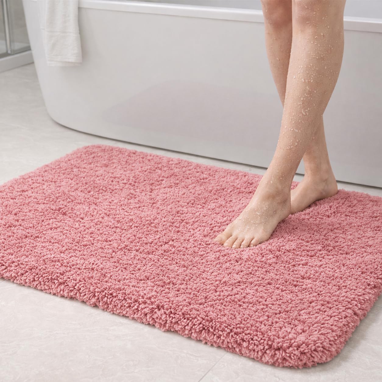 PUFFMAT Microfibre Bath Mat 90 x 60 cm Pink, Absorbent Bathroom Rug with Soft Plush Pile and TPR Backing, Machine Washable Bathroom Mat for Shower, Bathtub, Toilet and Guest Bathroom