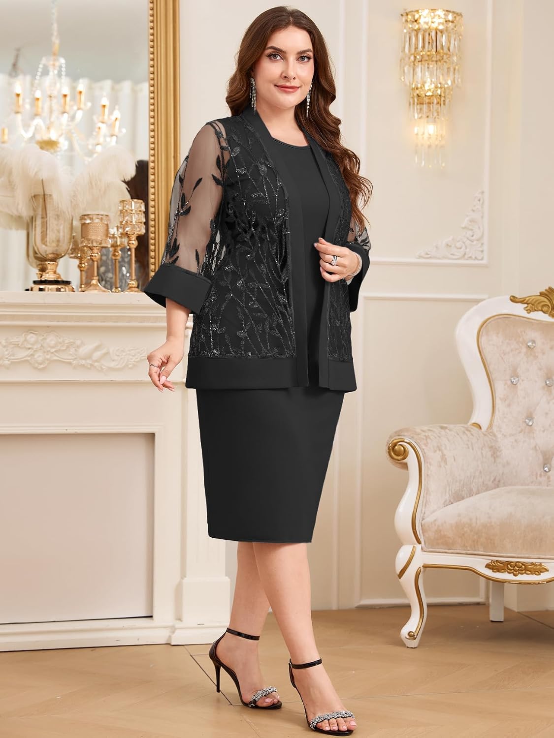 Plus Size 2 Pieces Mother of The Bride Dress Suit with Sequin Leaf Jacket Formal Wedding Guest Evening Gowns