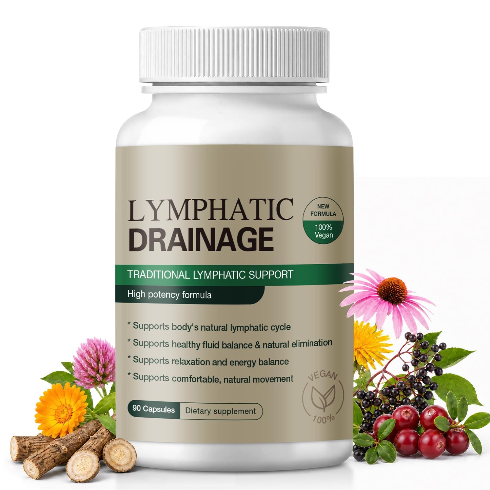 Lymphatic Drainage Supplements Capsules, Support Fluid Balance, Immune Health & Natural Circulation Support, Natural Body Refresh, Featuring Dandelion, Cleavers, Echinacea, 90 Capsules