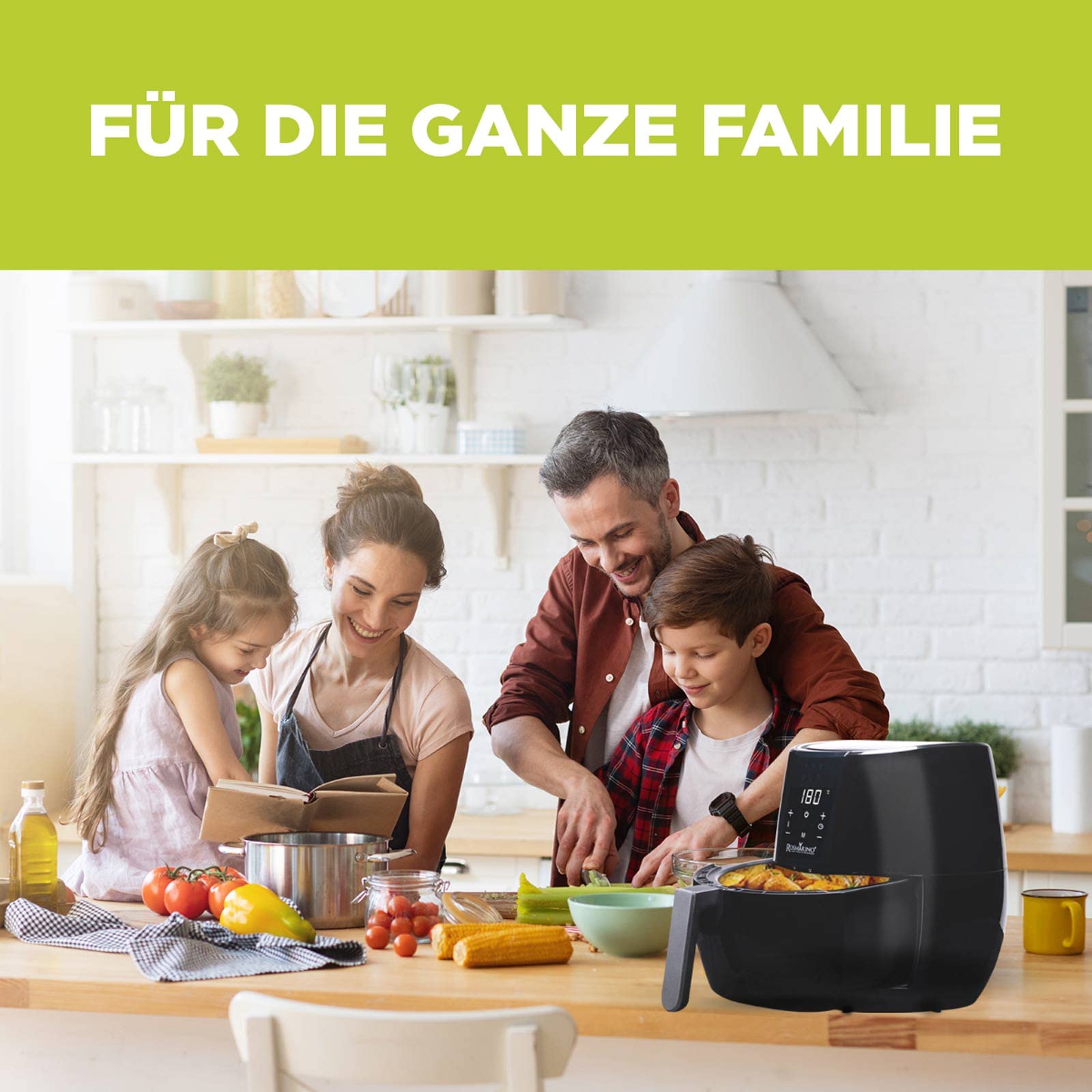ROSMARINO Frytkownica beztłuszczowa, 3,5 l, XL, Air Fryer z cyfrowym ekranem dotykowym LED, 9 programów, podgrzewanie wstępne i utrzymywanie ciepła, tryb shake, 100 przepisów po niemiecku, 1500 W