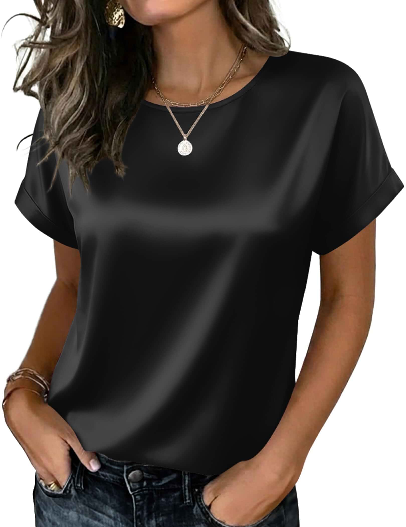 Zeagoo Satin Silk Blouses Short Sleeve Crewneck Top for Women Dressy Casual Satin Blouse,Silk Tops for Women,Short Sleeve,Crew Neck,Relaxed Fit,Business Casual,Office Wear,Smooth,Summer Fall Outfit