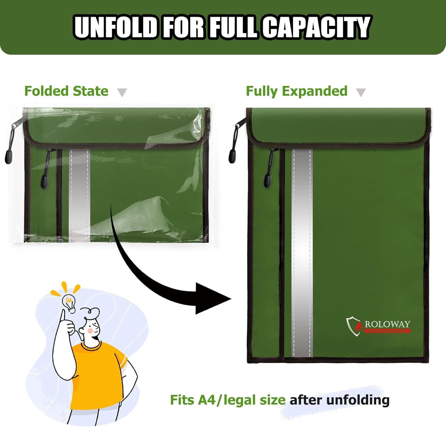 ROLOWAY Fireproof Document Bag (15.5 x 11.5 inch) with 2 Pockets and 5200℉ Aluminum Foil Layer, Fireproof Bag for Document Safe (Green)
