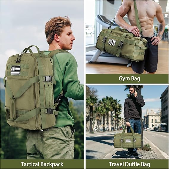 Gym Bags for Men Women, Military Duffle Bag Backpack with Shoe Compartment, 3 in 1 Carry on Bag Travel Backpack with Wet Pocket, Weekender Overnight Range Bag for Workout Football Gym, Green
