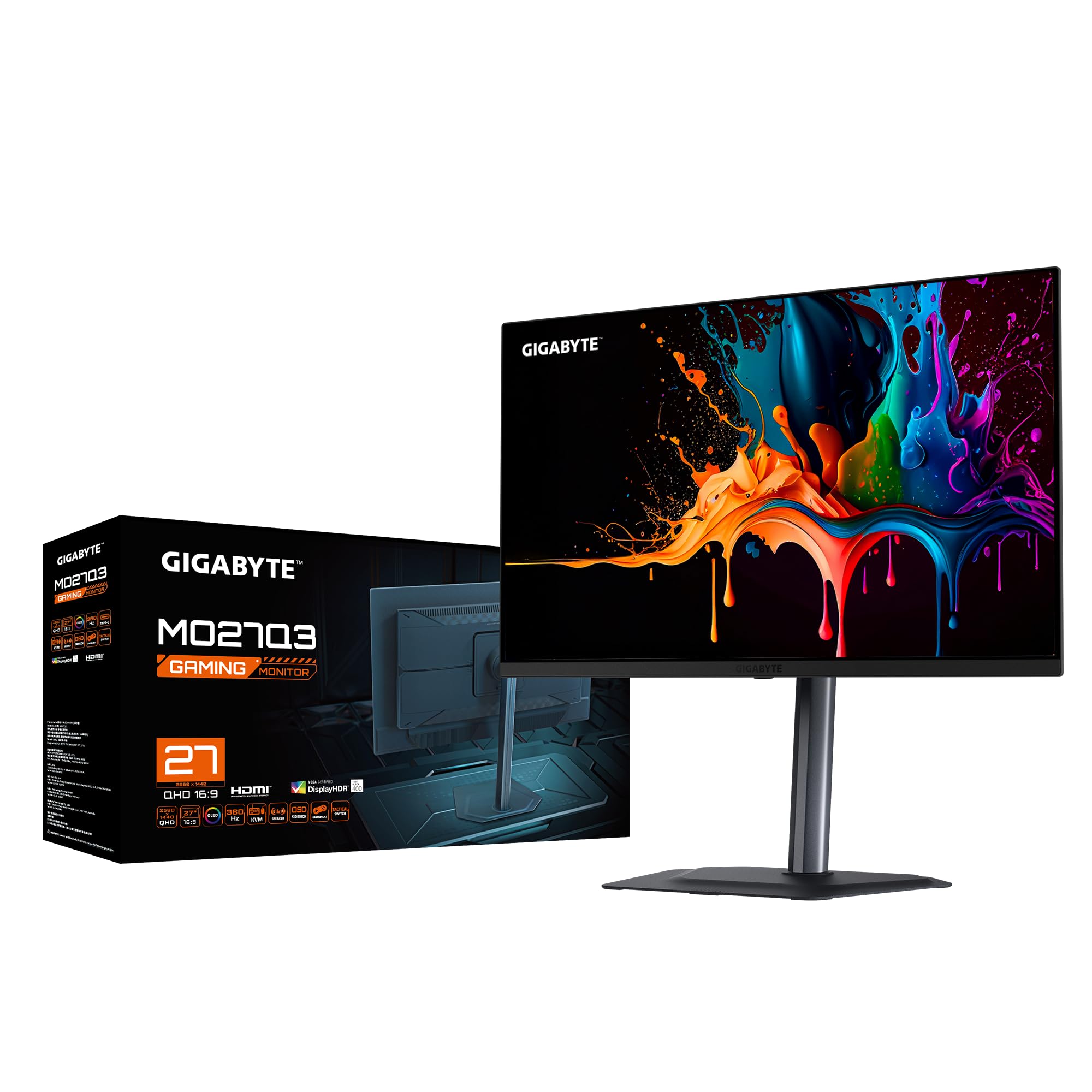 Gigabyte MO27Q3 27” OLED QHD Gaming-Monitor - 2560 x 1440, 360Hz, 0.03ms, 250 cd/m², G-Sync Kompatibel, FreeSync Premium Pro, Display HDR True Black 400, HDMI 2.1, DisplayPort 1.4