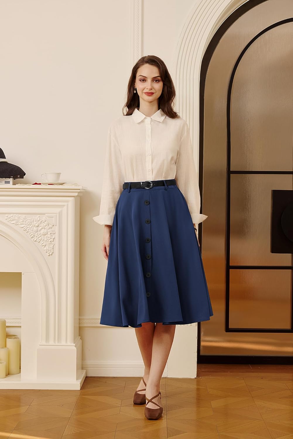 Belle Poque Women's Vintage Skirt High Waisted A Line Flared Midi Skirt with Belts - Image 2