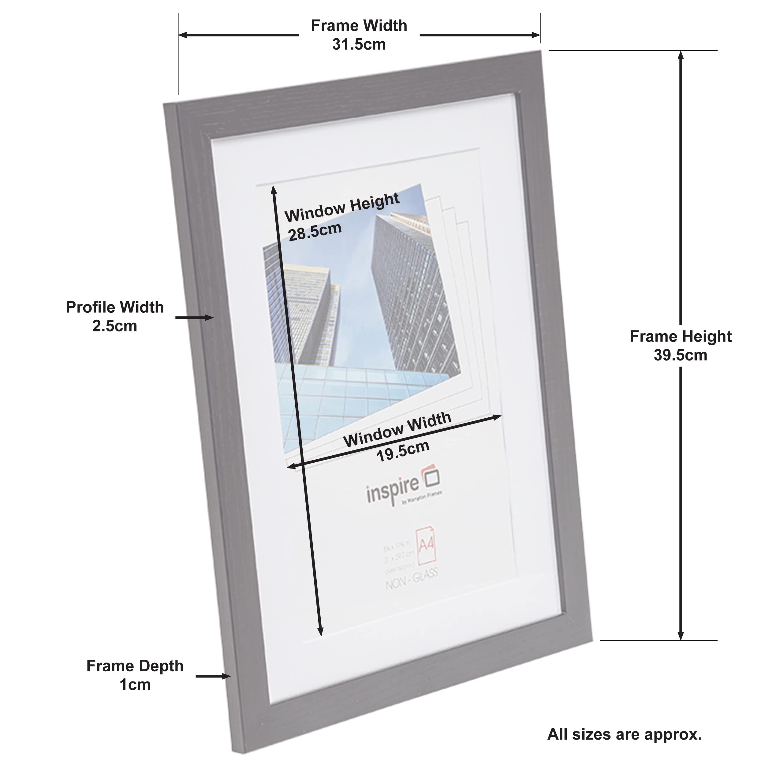 Hampton Frames Cornice A4 CARNEGIE CNGA4BLK, MDF Nero Con Passepartout E Plexiglass, 21x30 Cm, Da Parete