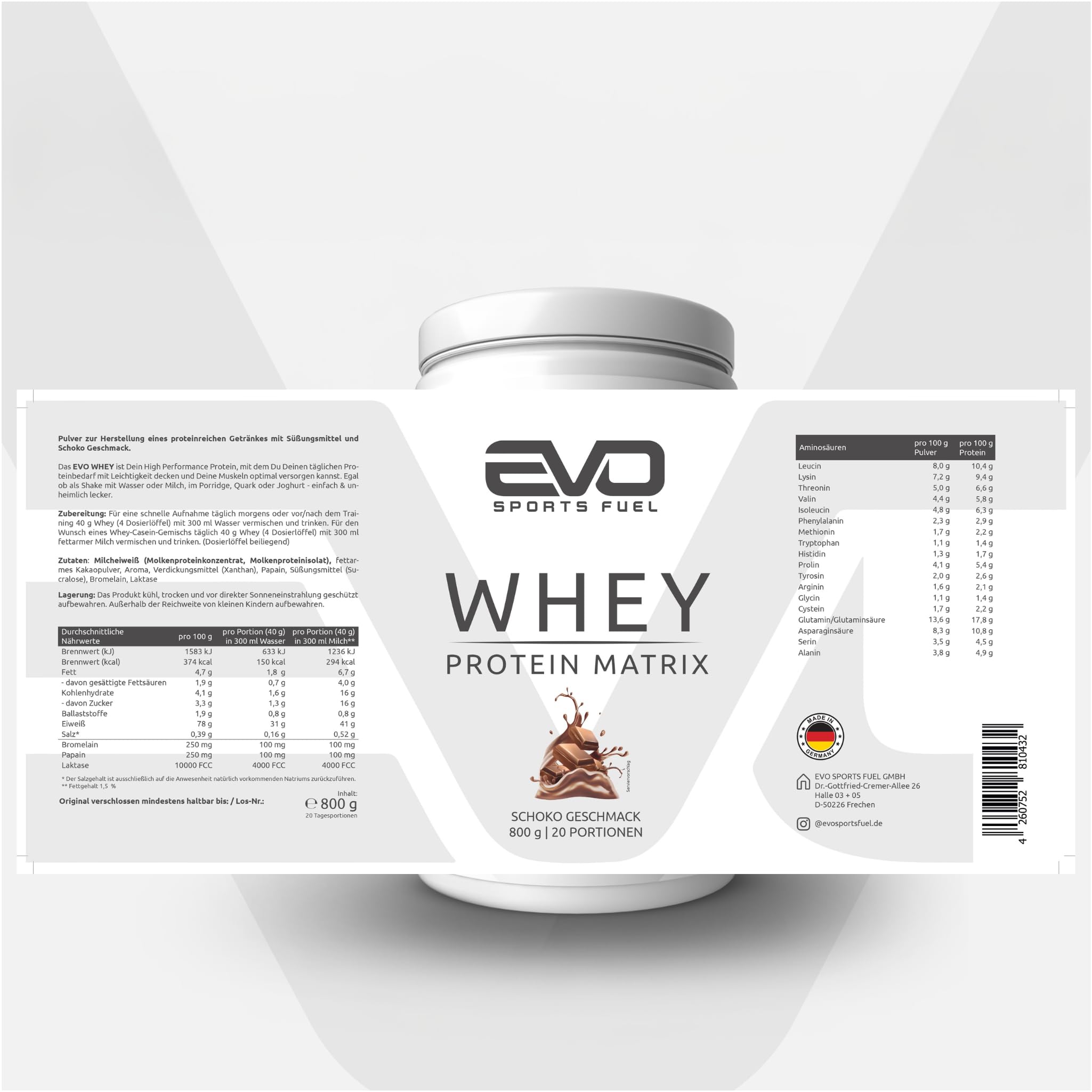 EVO SPORTS FUEL Whey Protein Pulver Matrix | Schoko | 800g | bis zu 31g Protein pro Portion | für Muskelaufbau und -erhalt, geprüfte Qualität | Made in Germany (1er Pack)