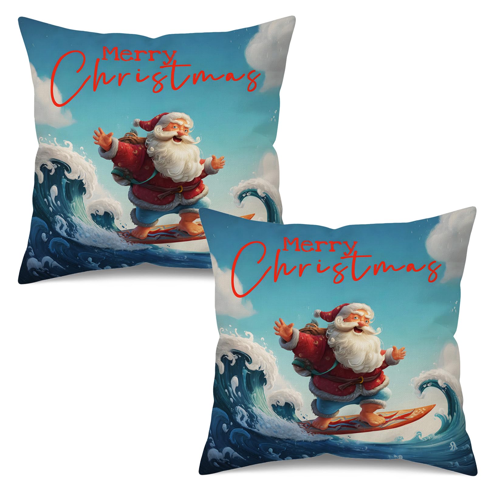 Merry Christmas Pillow Covers 18x18 Inch Set of 2 Santa Surfing Decorative Throw Pillow Cases Double-Sided Winter Beach