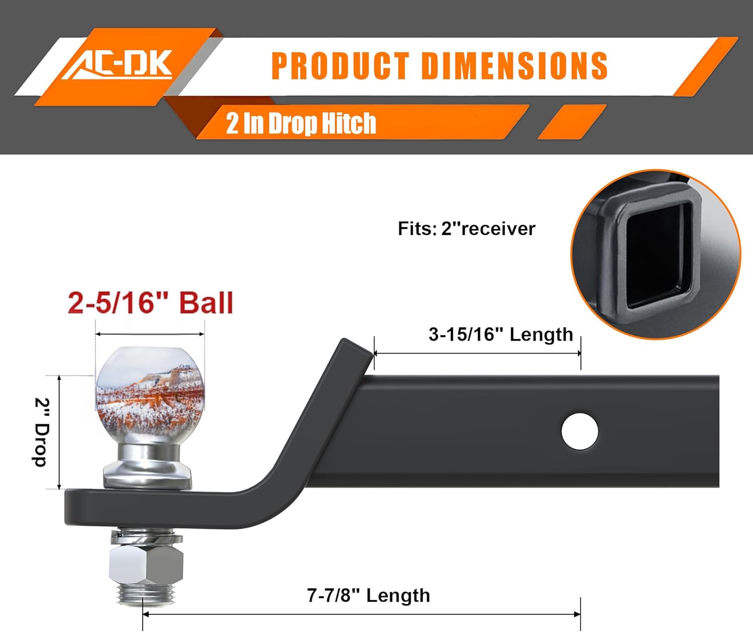 Trailer Hitch Mount with 2-5/16-Inch Ball & Pin, Fits 2-Inch Receiver,2 inch Drop Hitch,7,500 lbs Capacity Ball Hitch, 750lbs TW