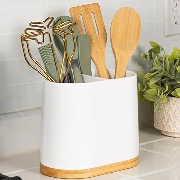 DAILY RITMO White Large Oval Utensil Holder with Bamboo Wooden Base