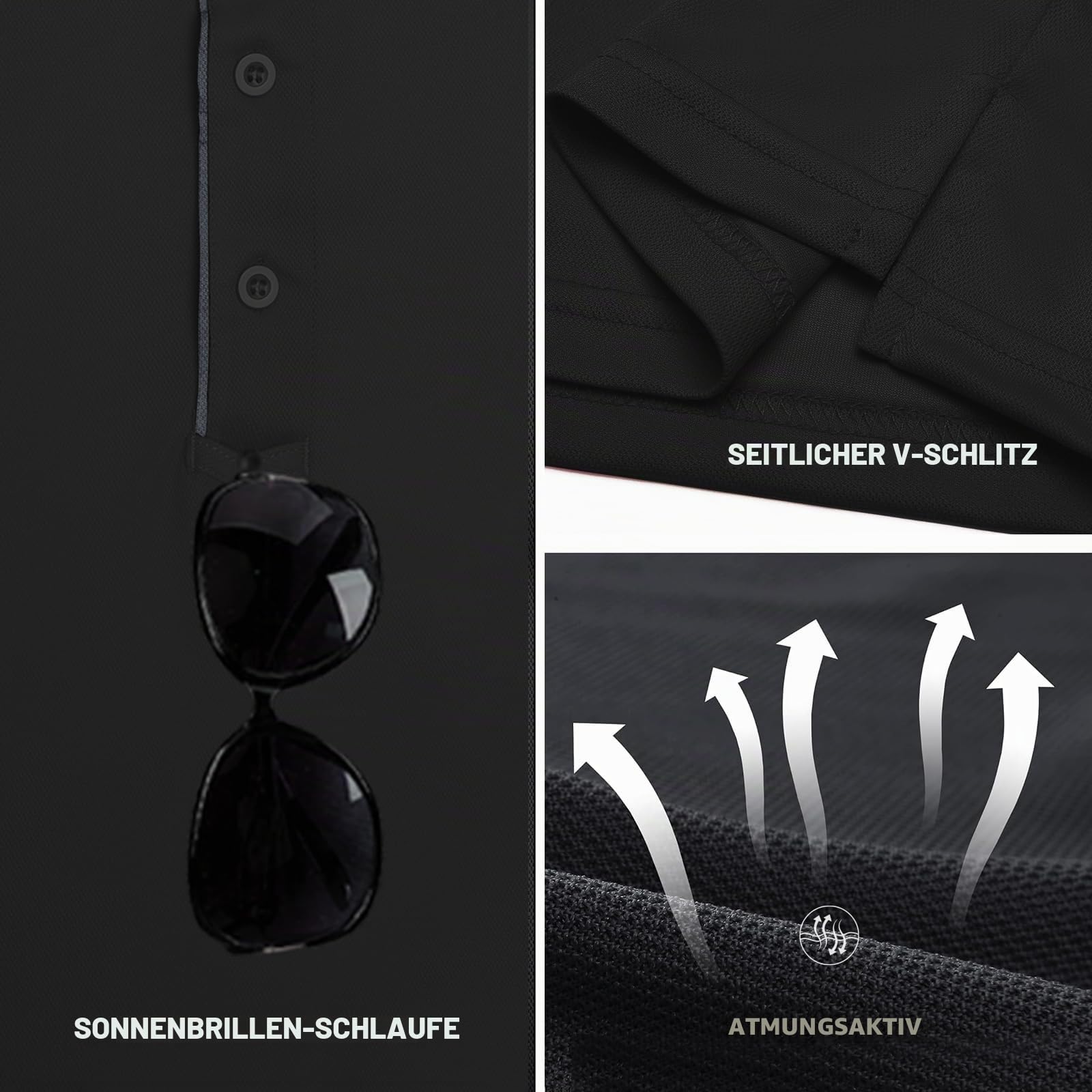 3er Pack Poloshirt Herren Kurzarm Schnelltrocknend Atmungsaktives Polohemd mit Brillenhalter Knopfleiste Golf T-Shirts Hygroskopisch Sports Polo T-Shirt