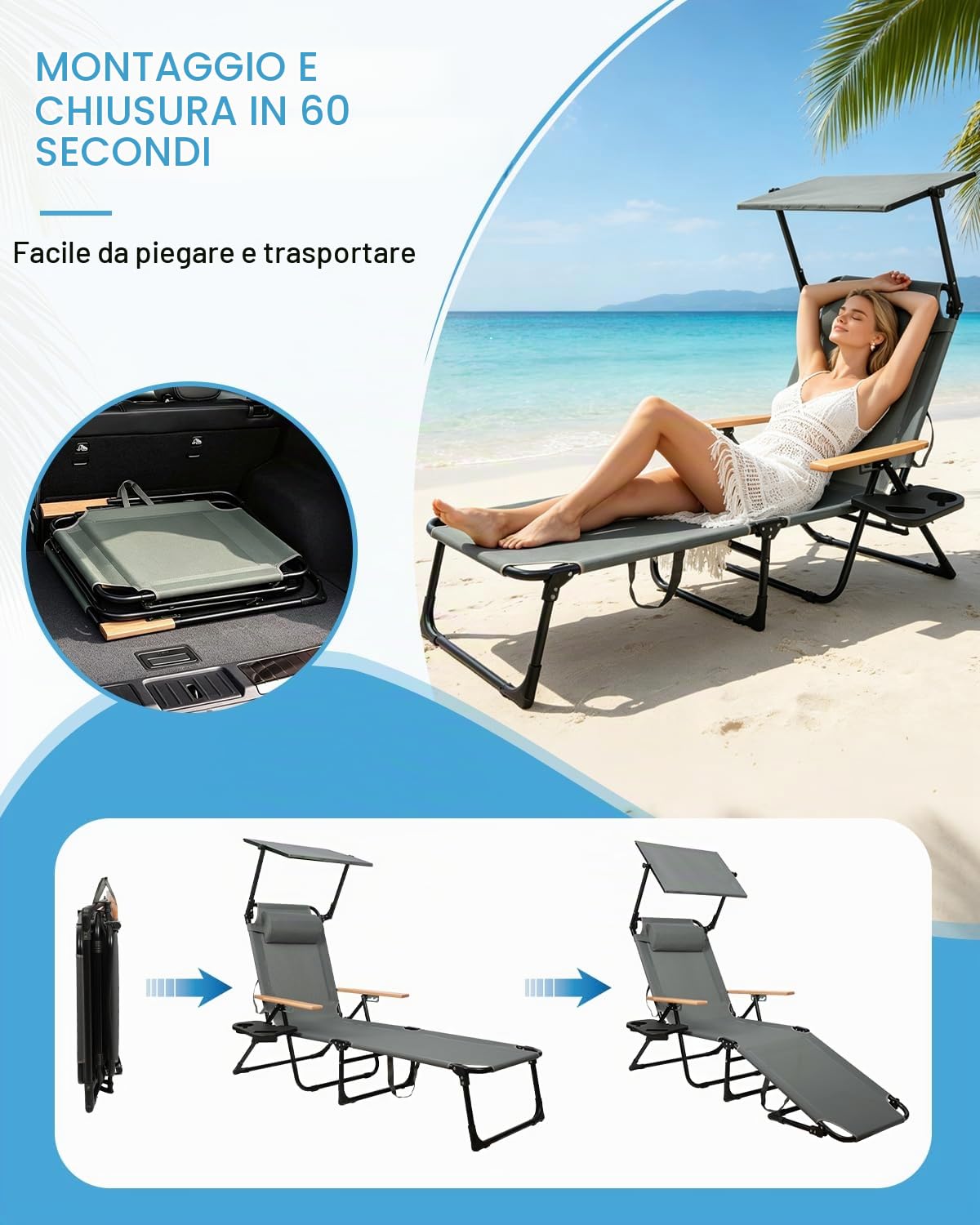 Lettino Prendisole Pieghevole, Sdraio da Spiaggia Portatile, Regolabile in 4 Posizioni, Sedia a Sdraio con Braccioli in Legno, per Balcone Giardino Piscina e Spiaggia (Grigio con Beige)