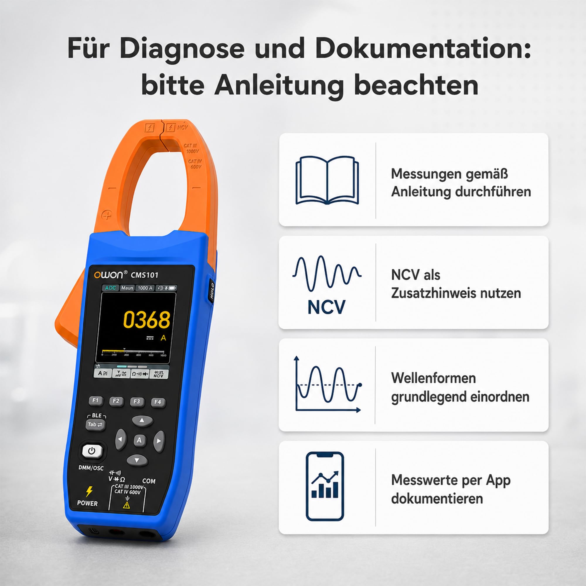 CMS101 3-in-1 AC/DC Stromzange mit Oszilloskop, True RMS, 1000A/1000V, 5MSa/s Wellenformanzeige, Bluetooth-Logging, Einschaltstrom, 20.000 Zählwerte, wiederaufladbar für Elektro-, HLK- und Kfz-Diagnos
