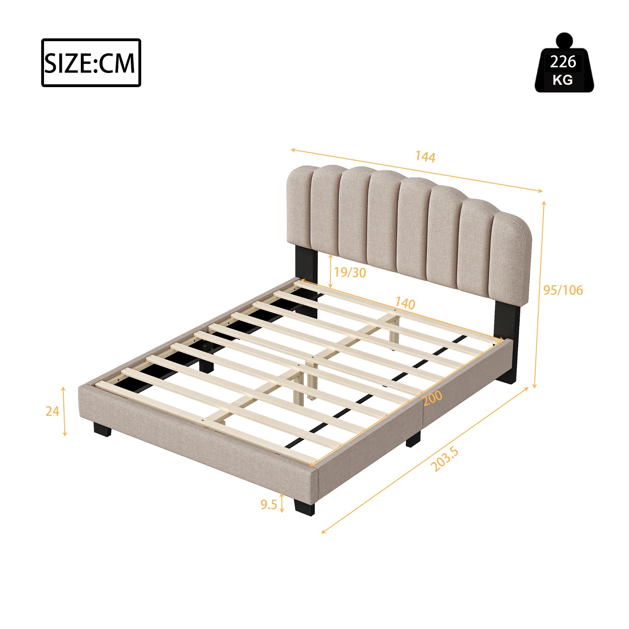Letto imbottito 140 x 200 cm, letto con rete a doghe (senza materasso), testiera regolabile, in lino, stile minimalista beige scuro