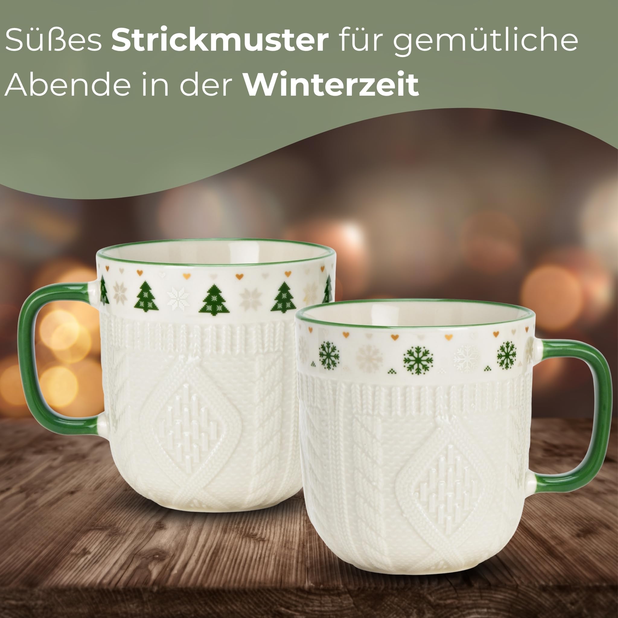 Kaffeetassen 36er Set weiß mit grünem Henkel - Weihnachts-Tassen mit Strickmuster Porzellan 345 ml