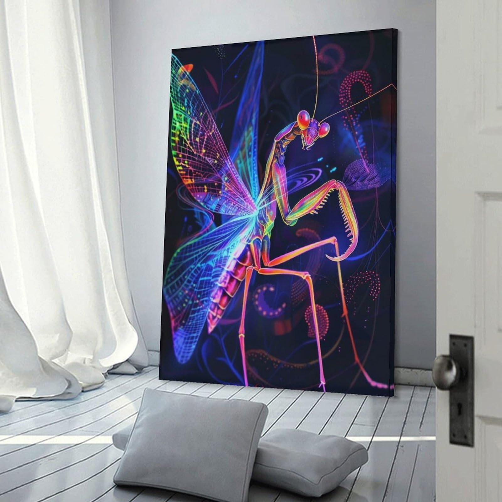 Junmoney Canvas Wall Picture Neon Praying Mantis, 20x30inch(50x75cm), for Hallway, Bedroom Or Modern Interiors, Home Decor Gift with Stylish Appeal