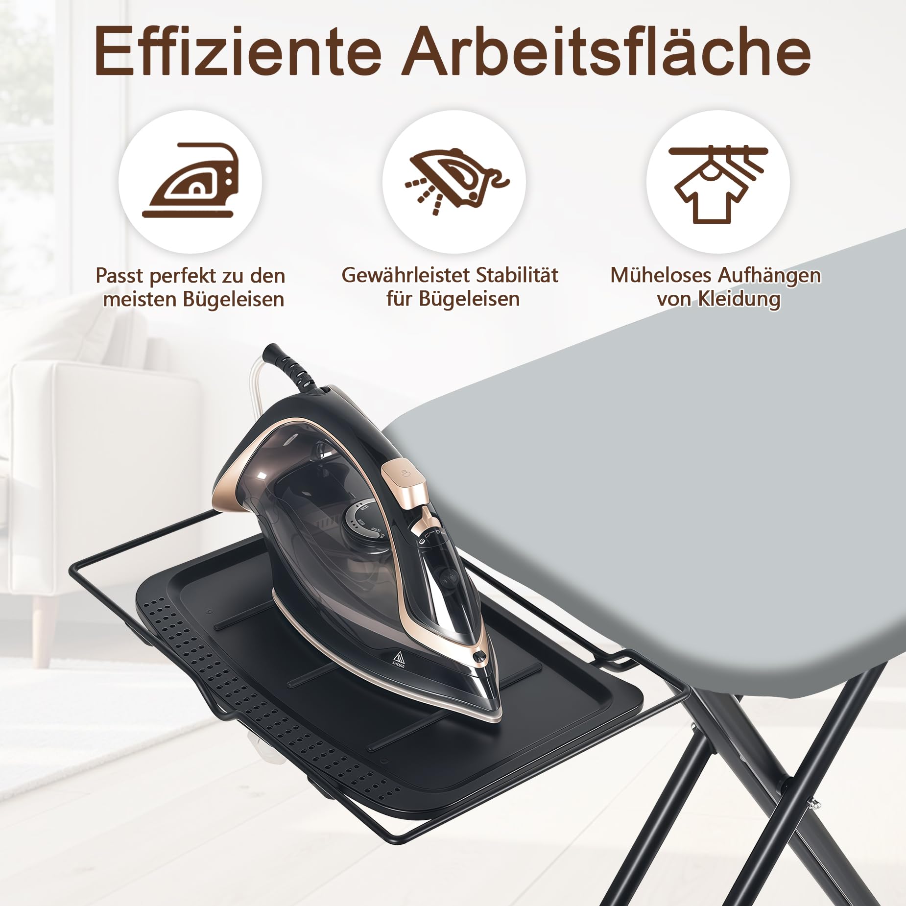 Bügelbrett 159 x 46 cm Volle Größe mit Bügeleisenablage, für Dampfbügeleisen geeignet, Stabile Gestell, Bequeme Lagerung, Ironing Board Grau