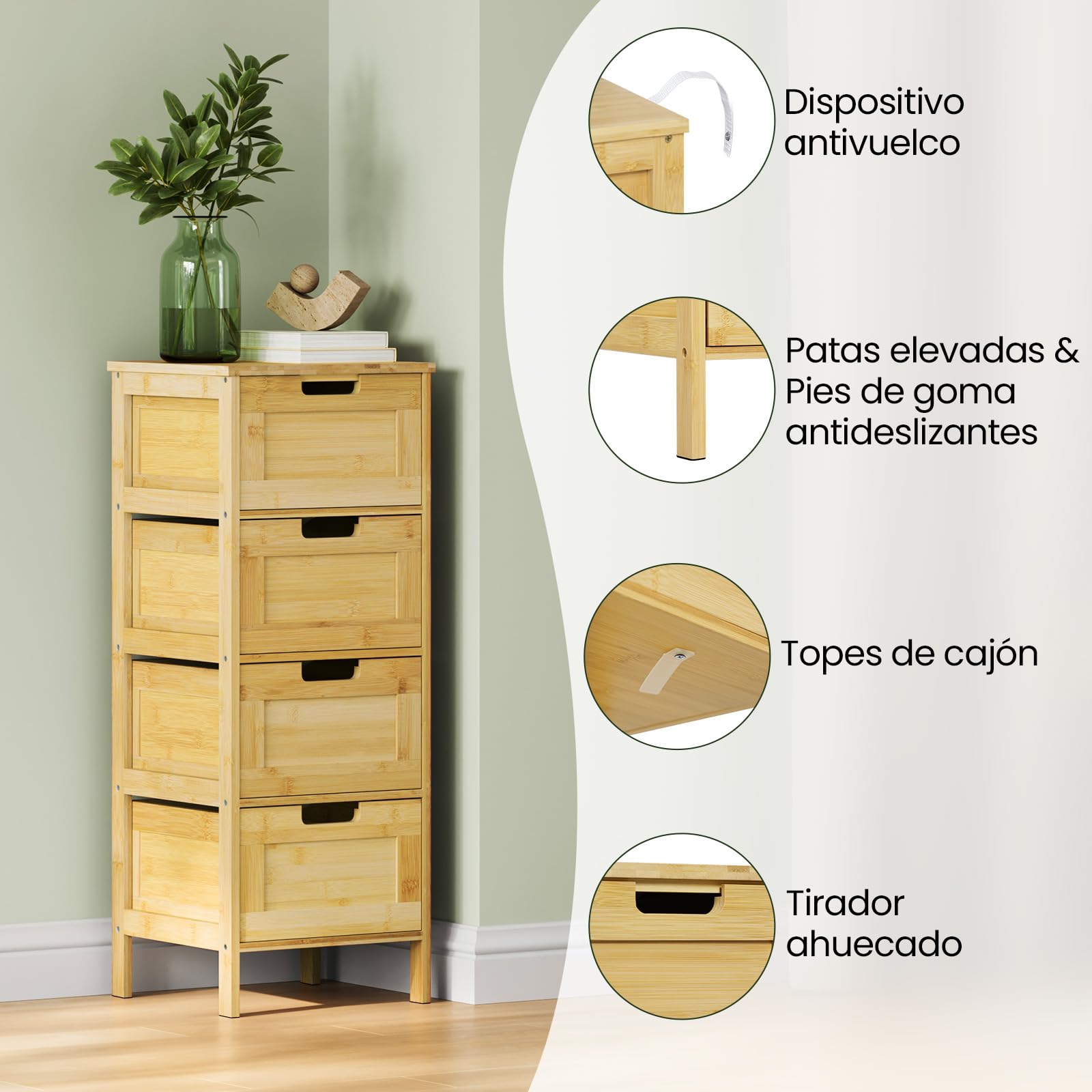 EUGAD Armario Baño con 4 Cajones, Cajonera de Bambú, Armario Estrecho Esquinero para Cocina, Baño y Dormitorio, Protección contra Polvo y Humedad, 30x30x80 cm