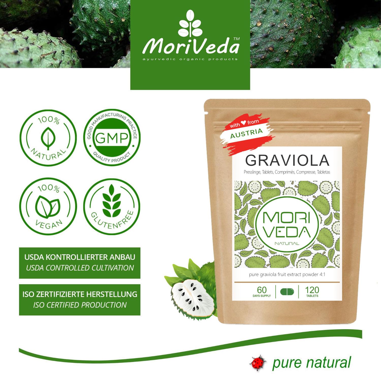MoriVeda® - Graviola Pressioni I Vegan I Estratto di frutta I 3x 120 Compresse