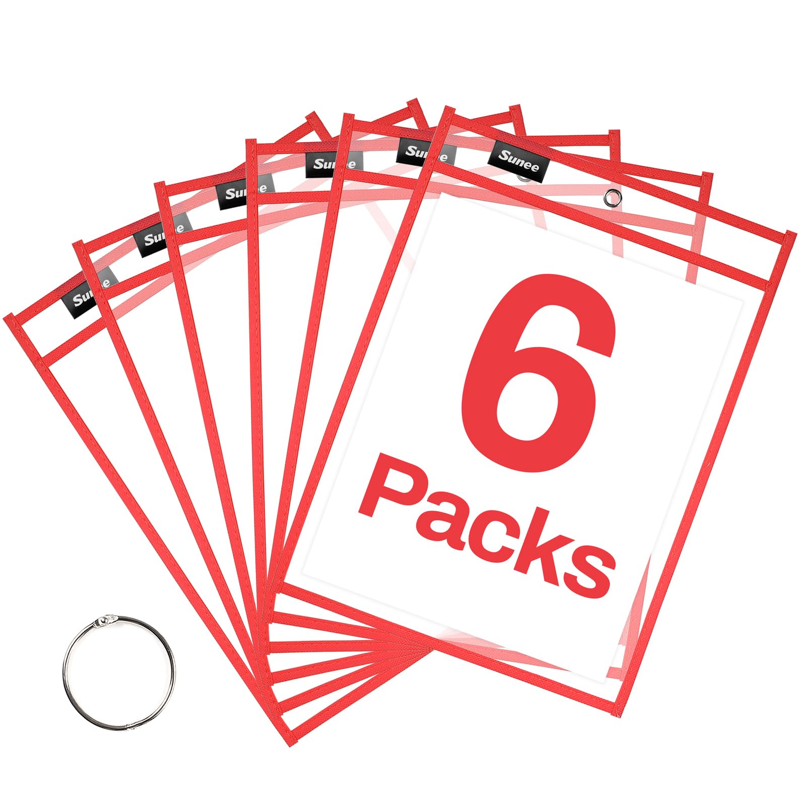 SUNEE 6 Packs Oversized Reusable Dry Erase Pocket Sleeves with Ring, Red 10x14 Ticket Holders, Clear Plastic Sheet Protectors, Teacher School Classroom Supplies