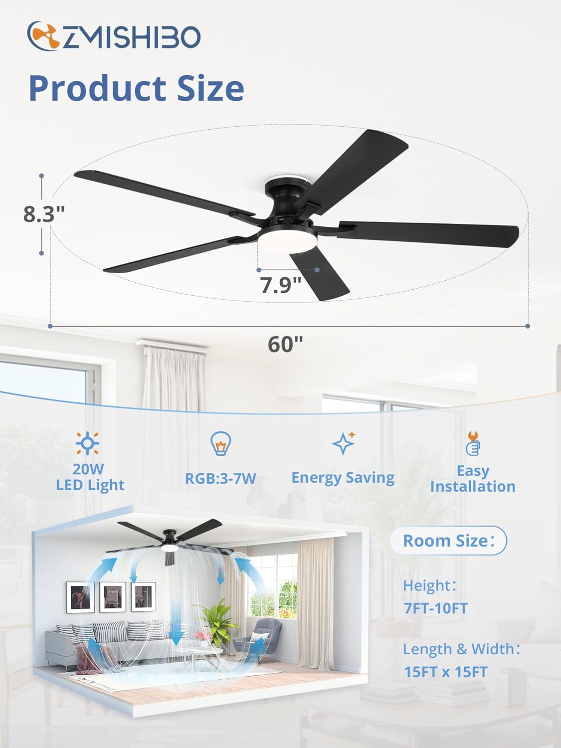 ZMISHIBO 60 Inch Ceiling Fans with RGB Lights, Low Profile Flush Mount Ceiling Fan with Alexa/App/Remote, Dimmable 20W LED Light, Black Modern Fan for Living Room, Bedroom, Game Room