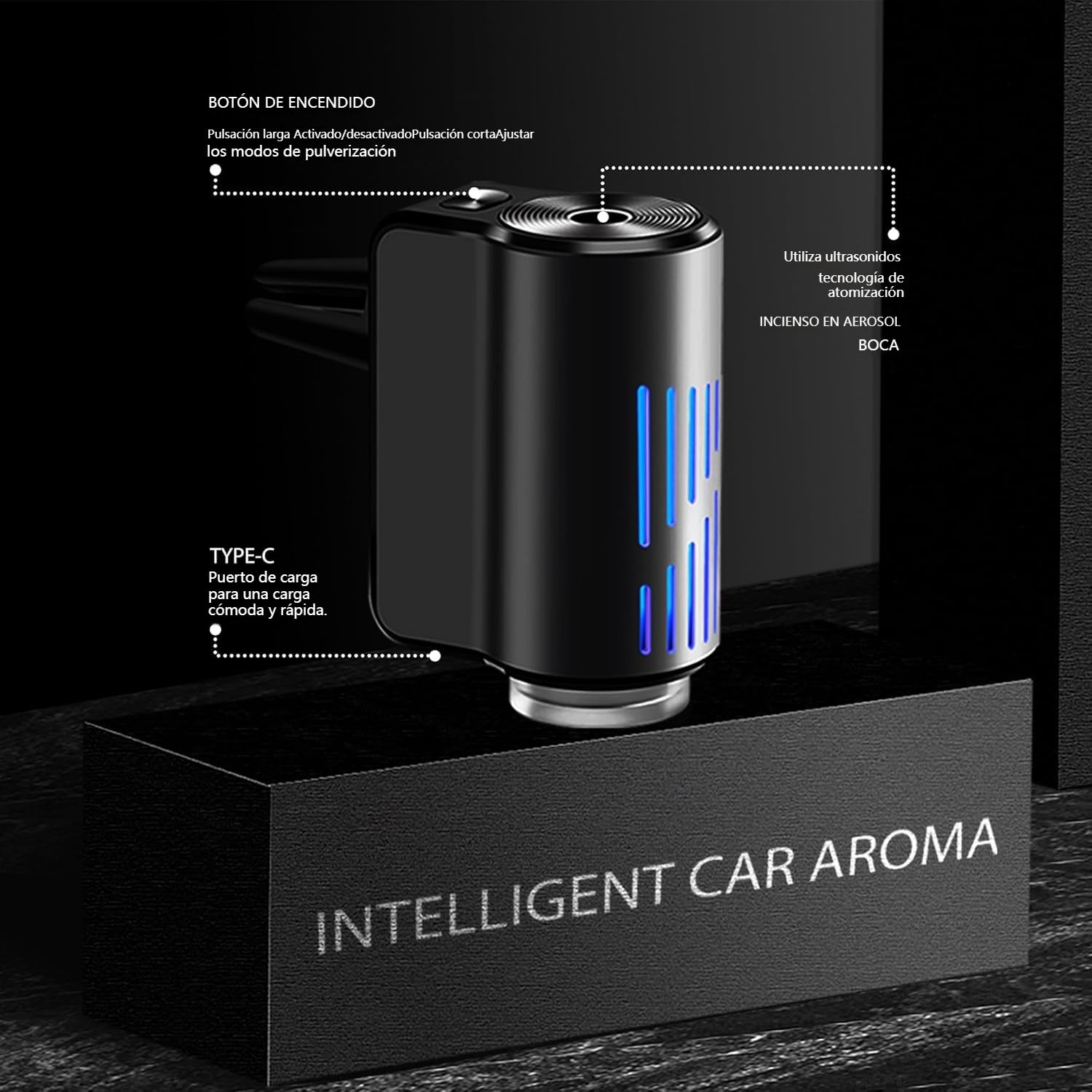 AI Eléctrico Ambientador Coche con 6 perfumes, Nebulizador Ultrasónico, 3 Modos Inteligentes, Encendido/Apagado Automático, Batería Incorporada, Perfume Francés Natural,Fragancia Hasta 12 Meses CFK-6Z