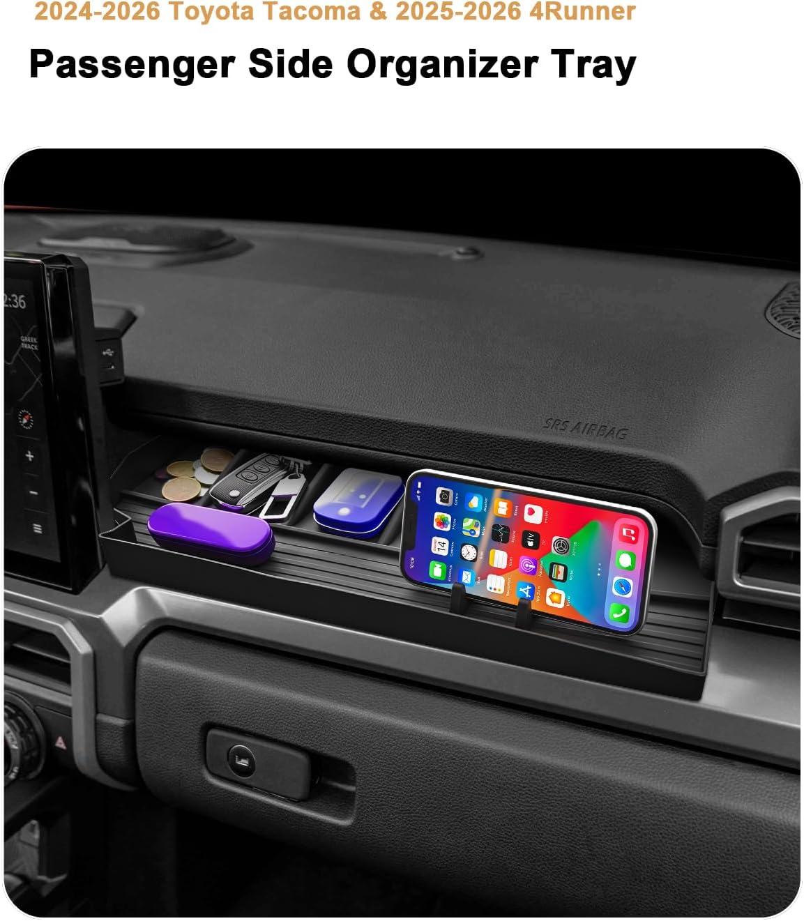 Passenger Side Organizer Tray For 2024-2026 Toyota Tacoma/2025-2026 4Runner - Silicone Console Organizer Co-Pilot Storage Tray With Pocket For Tacoma 2024 2025 2026 & 4Runner 2025 2026 Accessories image 2