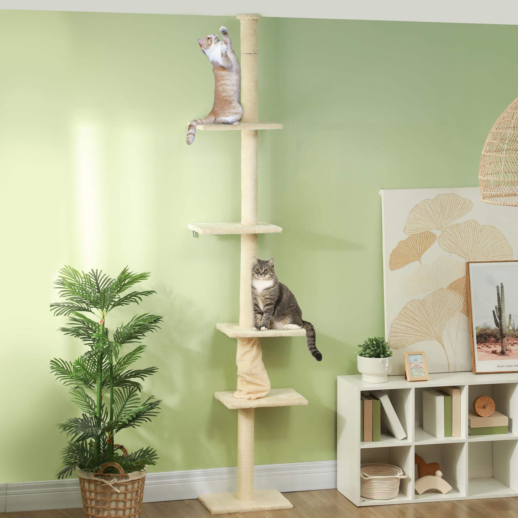 PawHut Kratzbaum Deckenhoch Höhenverstellbar 225-275 cm Cremeweiß | Katzenbaum, Katzenkratzbaum mit Kratzsäulen, 5 Plattformen, Katzenturm für mittelgroße Katzen