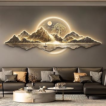 Large 3D Wall Art Decor - Handmade Wall Sculpture with LED Light, Traditional Chinese Pine Wall Hanging Painting for Home Decor