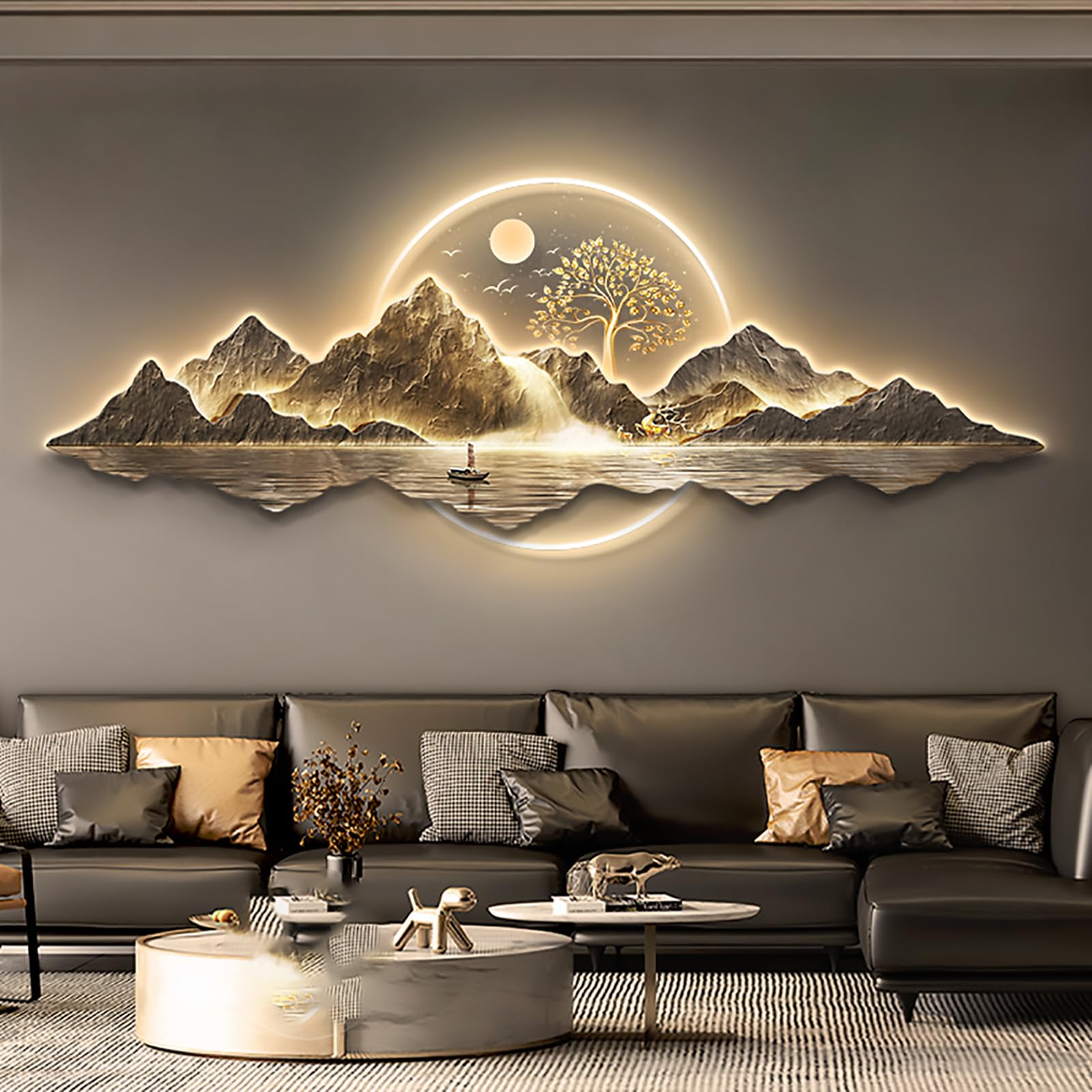 SXSCARKX Traditional Chinese Welcoming Pine Wall Hanging Painting with Led Light, Large 3D Art Décor Handmade Sculpture, Oriental Home Decor Sculptures