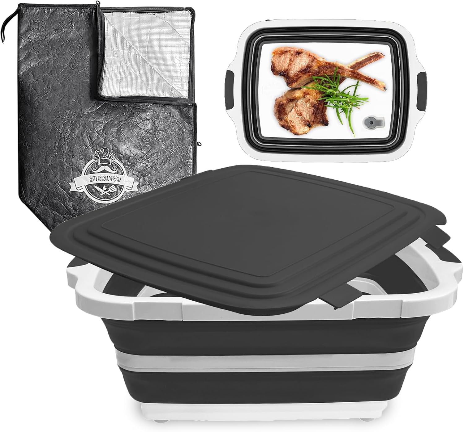 16L Collapsible BBQ Prep Tub(4.2 Gal) & 21'' Resting Bag with 25pc Butcher Paper