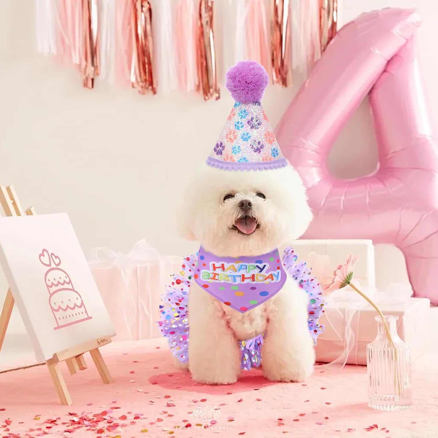 Dog Birthday Bandana with Hat and Dress Girl Set Purple, Light Purple image 4