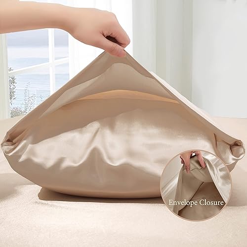 Miniatura 6 de Juego de sábanas de satén beige de 4 piezas, tamaño matrimonial, juego de sábanas de satén sedoso de 15 pulgadas de profundidad de 15 pulgadas,