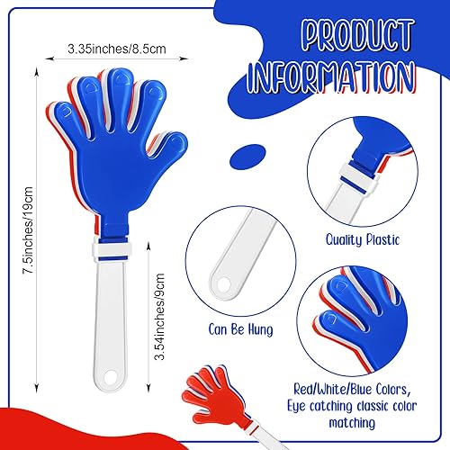 Miniatura 2 de Jenaai 120 unidades de clapper de mano a granel para hacer ruido rojo, blanco y azul de 7.5 pulgadas que aplauden, recuerdos de fiesta, emisores de
