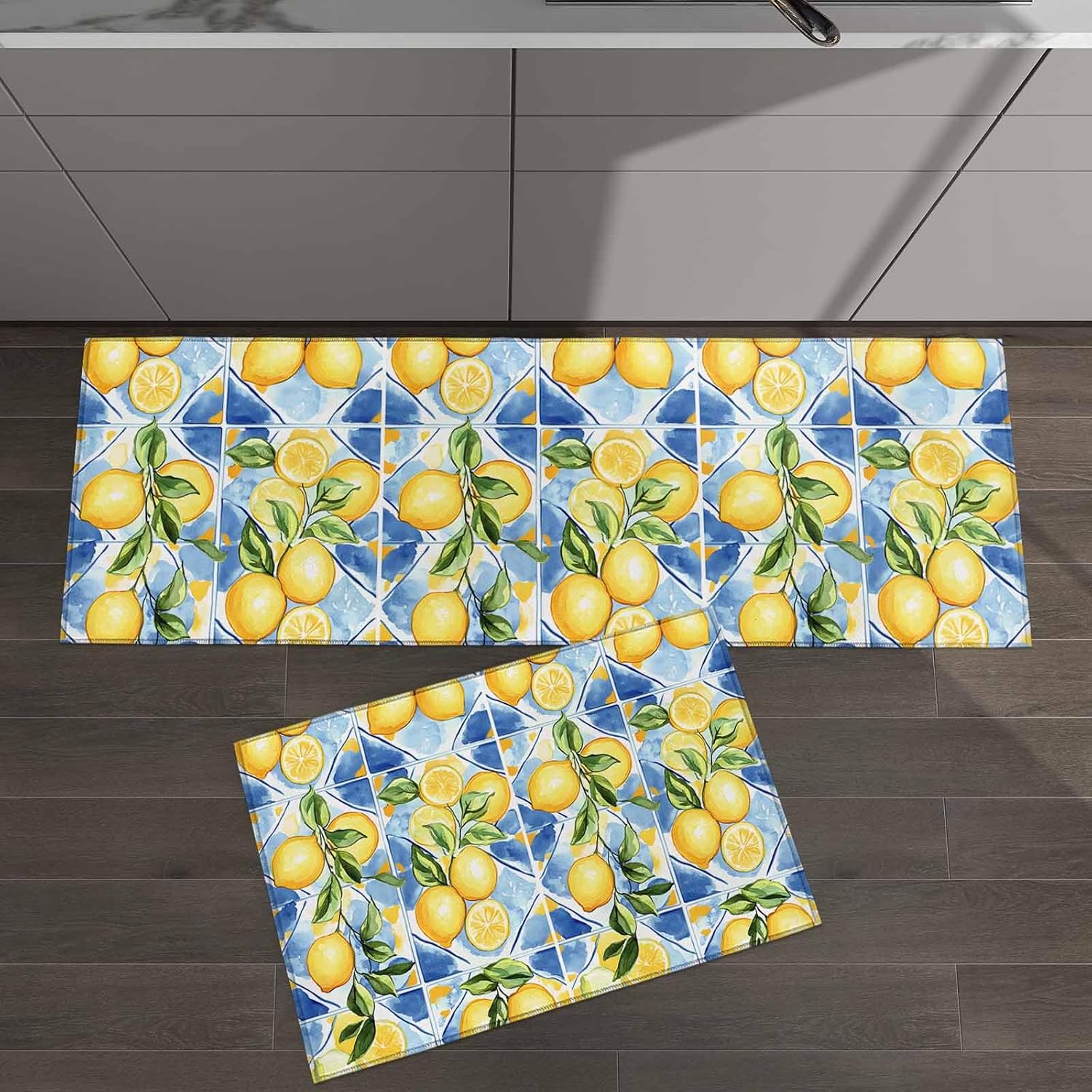 2 Pieces Kitchen Rugs and Mats,Summer Yellow Lemon Green Leaf Area Runner Rug Set Non Slip Floor Doormat Washable Carpet Standing Mat for Kitchen Sink Indoor Corridor,Watercolor Blue Tile Art