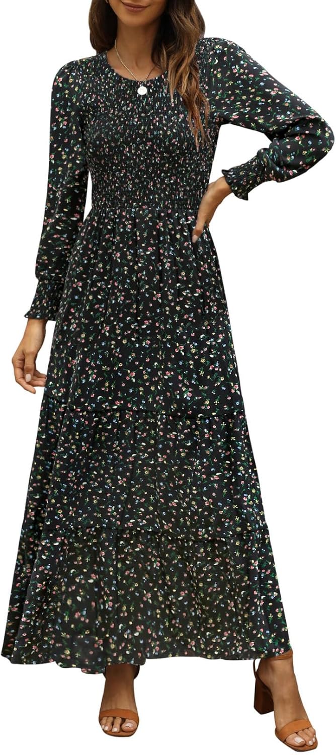 Annebouti Women's 2026 Spring Casual Long Sleeve Maxi Dress Boho Floral Smocked A-Line Modest Wedding Guest Long Dresses