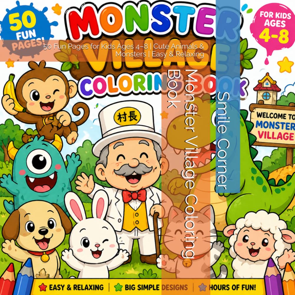 Monster Village Coloring Book: Fun & Easy Coloring Pages for Kids Ages 4–8 | Cute Animals, Monsters & Big Simple Designs