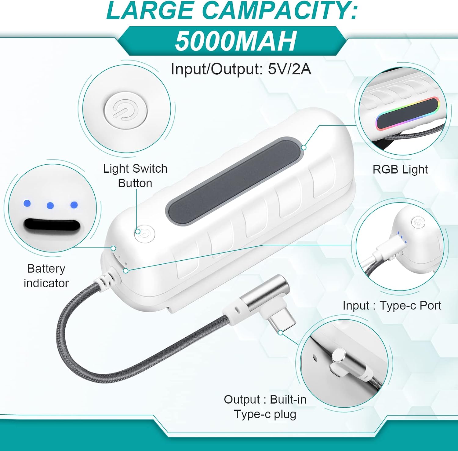 Hurra Battery Pack for Oculus Quest 2, 5000mAh Rechargeable Extended Power with RGB Light for Oculus/Meta Quest 2 Headset, Lightweight High Speed VR Extend Battery Accessories Extra 2H-4H Playtime