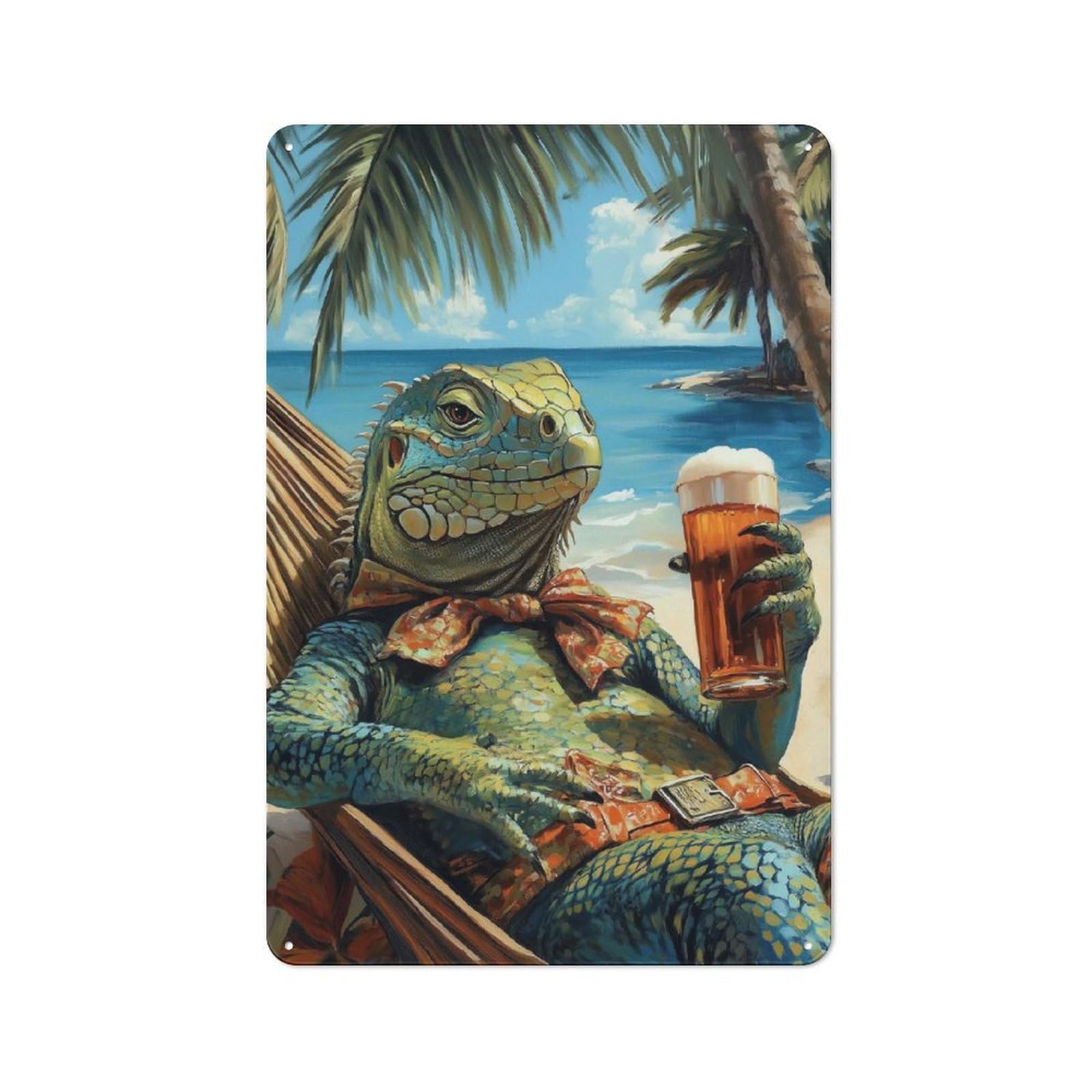 Junmoney Style-7 Iguana Beach Chill Rustic Metal Plaque 30X20cm For Living Room Or Hallway, For Garage, Workshop And Man Cave Decoration