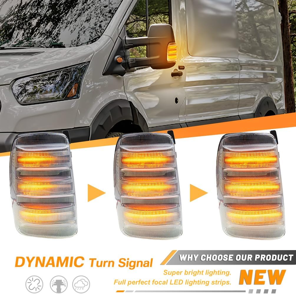 NJSBYL LED Side Mirror Indicator Lights for F-ord Transit 150 250 350 HD 2015-2025, E-transit 2022-2025 Amber Mirror Turn Signal Lamp with Sequential Lighting, Clear Lens Side Mirror Marker Light