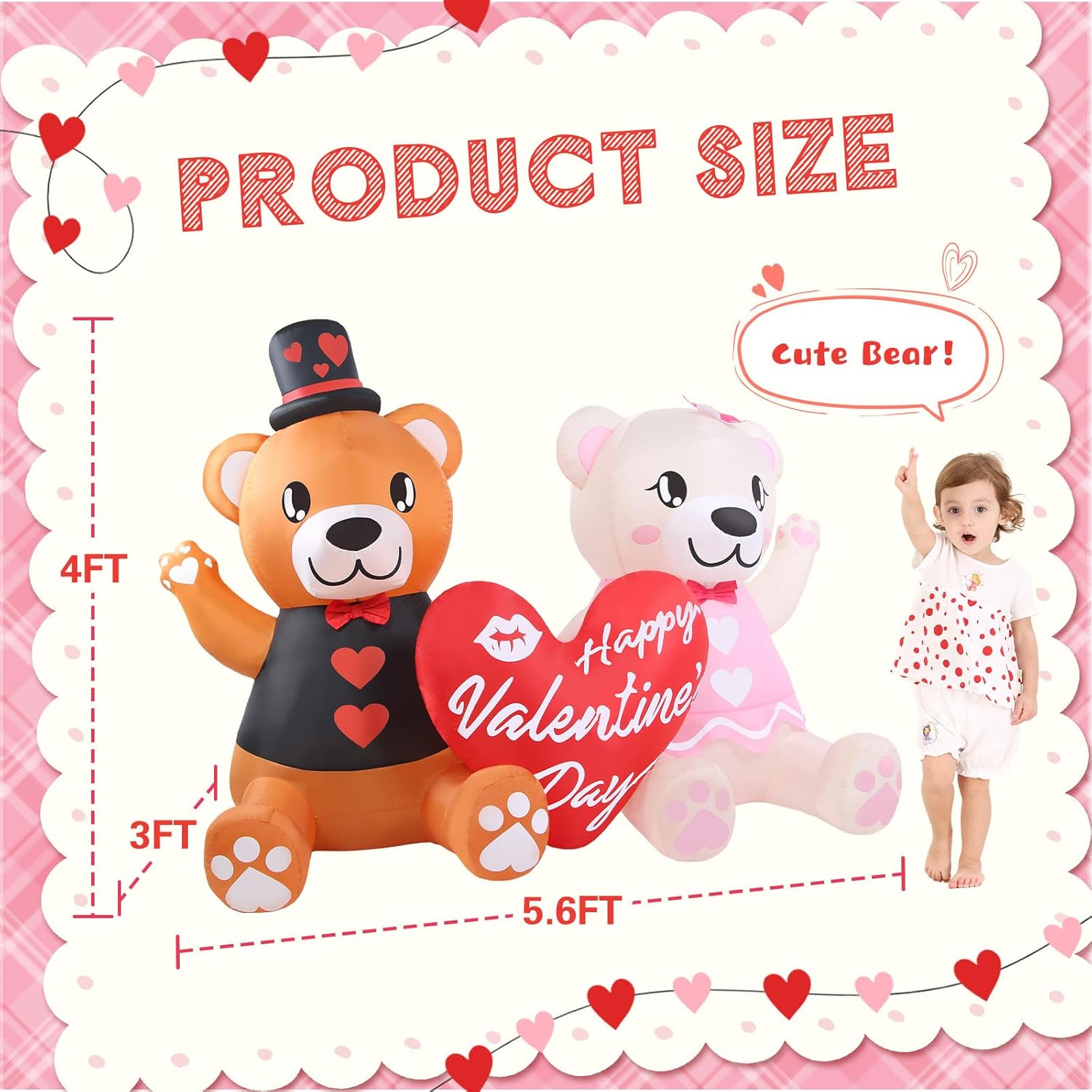 LETIME 5.6 FT Long Inflatable Valentines Day Decorations LED Lighted Blow up Bear Couples with Love Heart Romantic Valentines Inflatables Outdoor Yard Décor for Party Anniversary Wedding Propose
