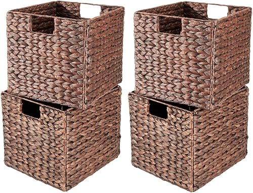 Westerly 4 cestas decorativas de mimbre de jacinto de agua tejida a mano, perfecta para estanterías, 13 x 11 x 11 pulgadas (marrón)